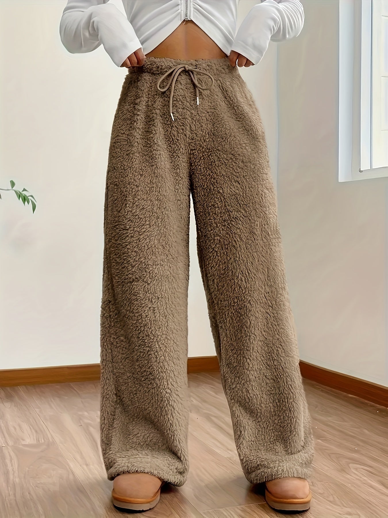 Emma - Stijlvolle fuzzy sherpa straight leg dames broek